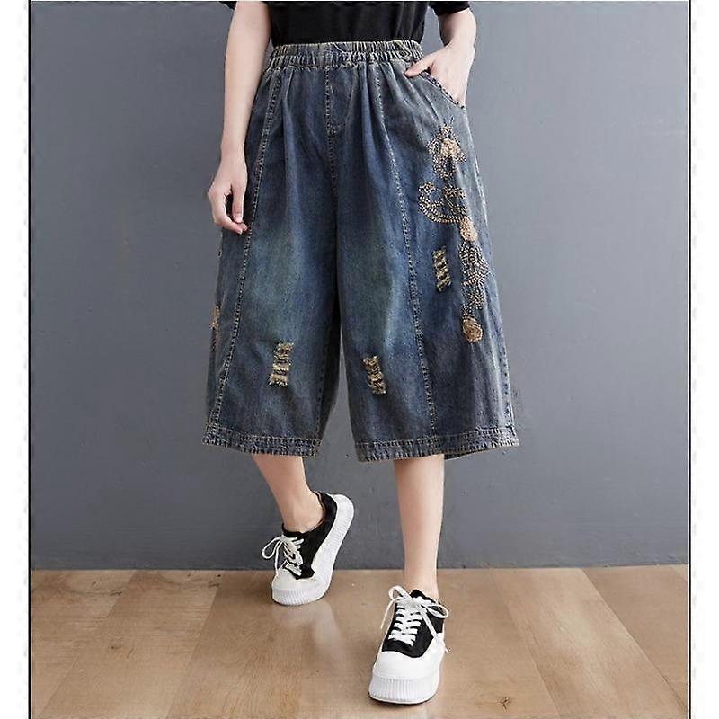 Plus Size Denim Wide-leg Pants Women's Summer Loose and Thin Elastic Waist Embroidered Ripped Cropped Pants