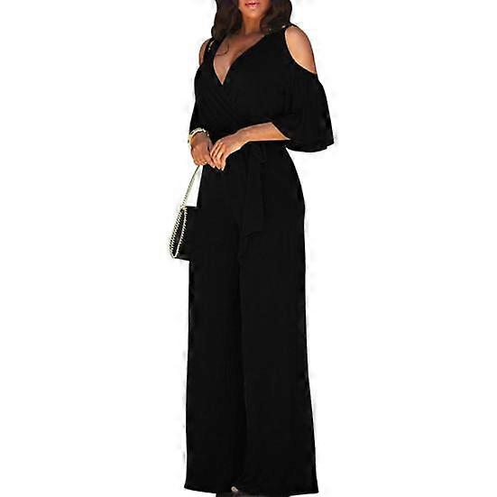 Office Lady Jumpsuit Summer Autumn Off Shoulder Lace-up Solid Color Half Sleeve V Neck Jumpsuit