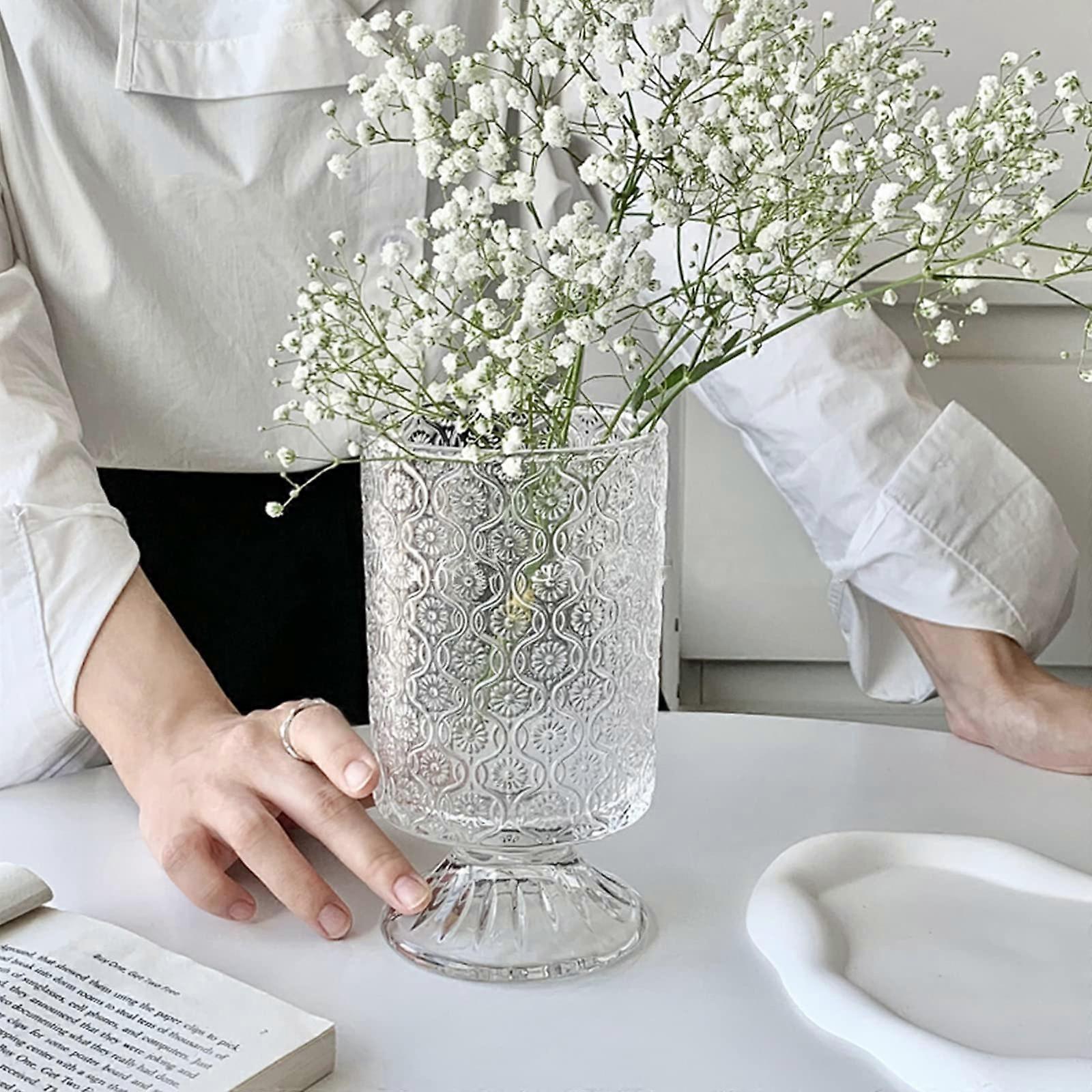 Embossed Glass Vase with Large Base for Office & Wedding