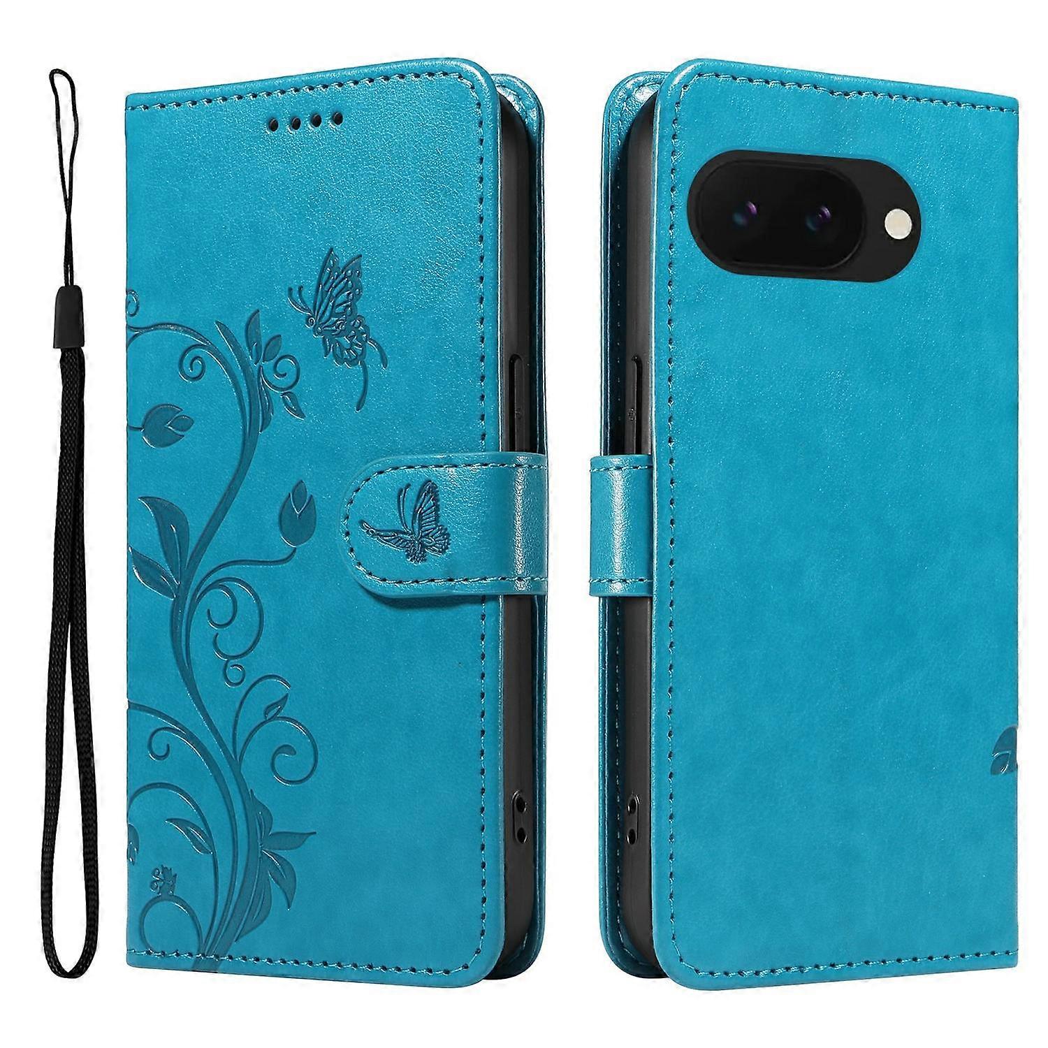 For Google Pixel 9a Case Flower Pattern PU Leather Wallet Phone Cover-Blue