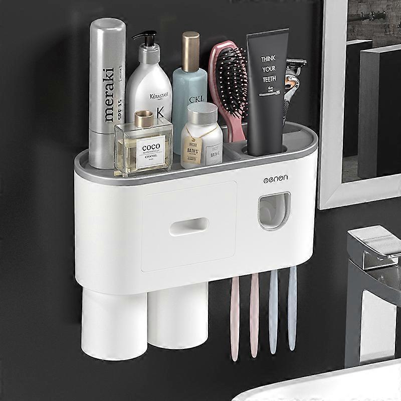 Automatic Toothpaste Dispenser Wall Press Kit with Toothbrush Holder, 4 Toothbrush Slots with Lid, Multifunction Toothbrush Organizer (2 Cups)