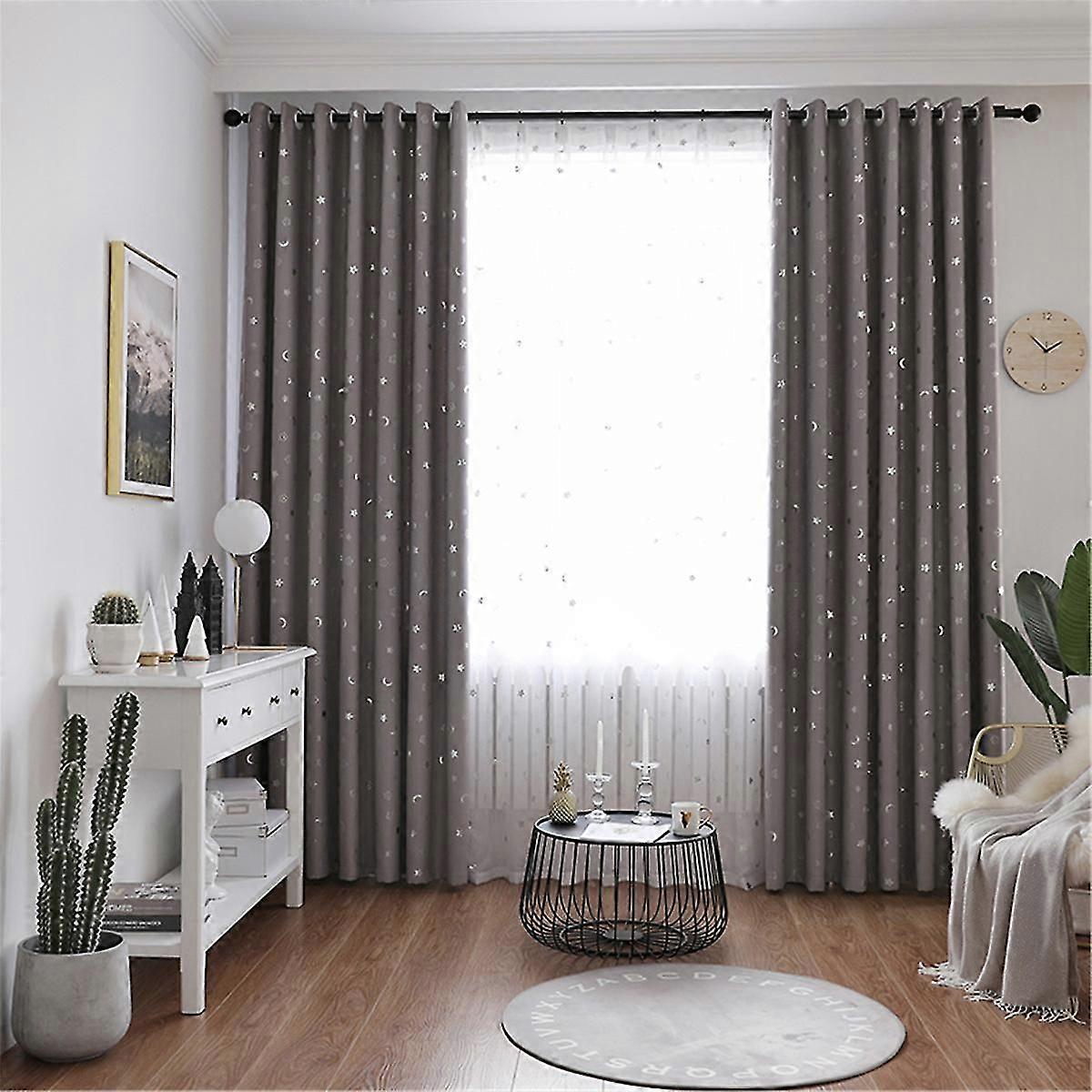 1pc Smiley Star Moon Blackout Fabric Perforated Curtain - Grey - 100*250cm