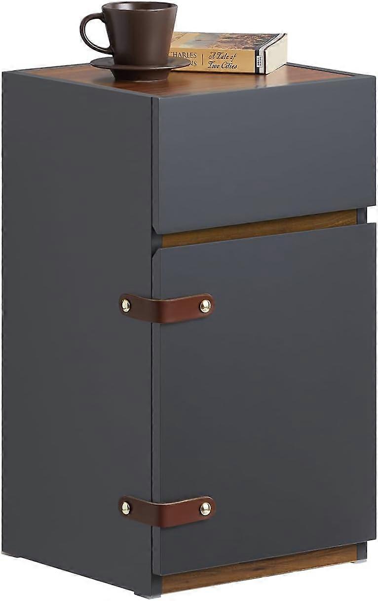 SoBuy FBT146-DG,Luxury Two-Tone Bedside Table Gray with Walnut Veneer Tabletop Bedside Cabinet with PU Leather Trim Drawers Side Table For Small Space