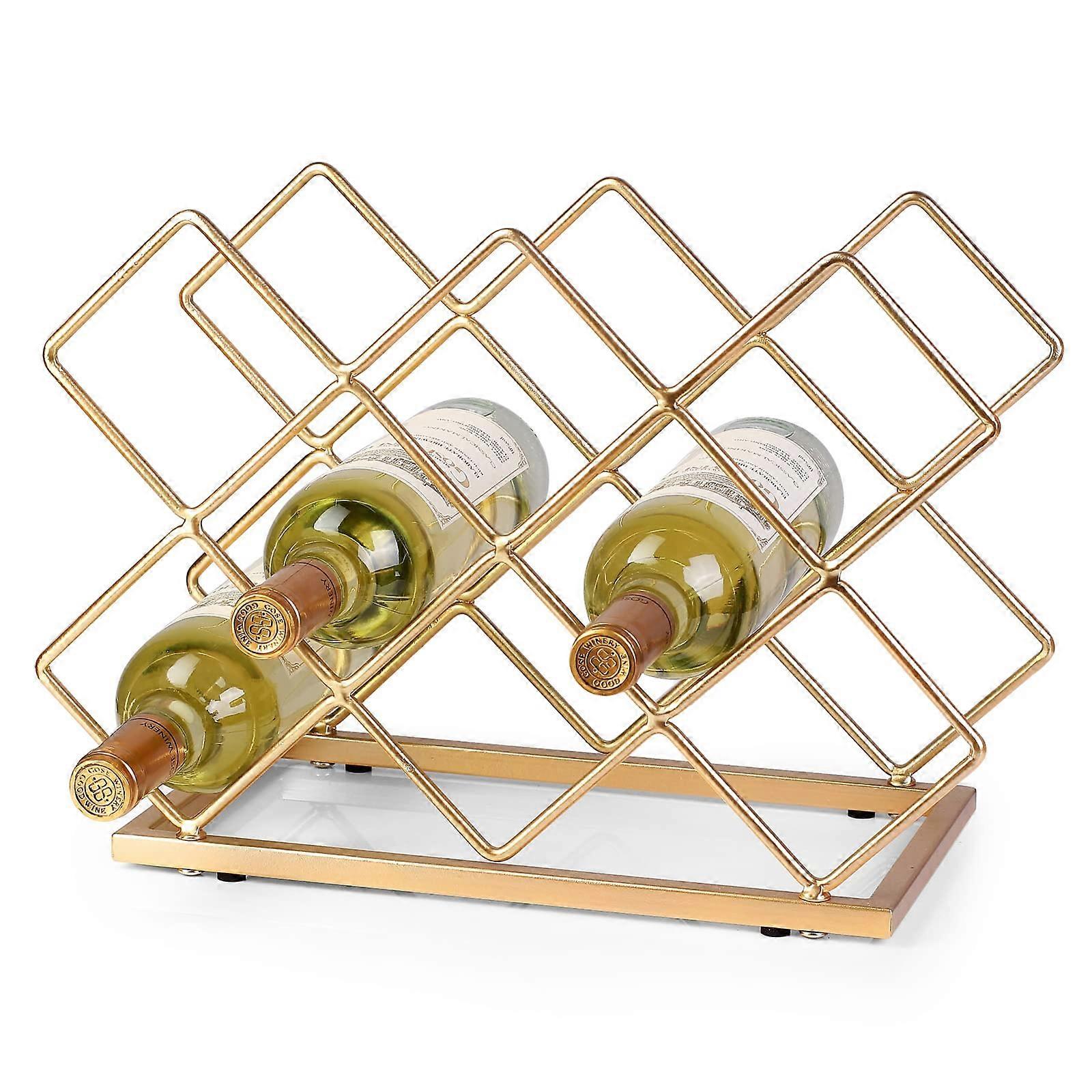 10 Bottle Freestanding Gold Metal Wine Rack Small Size for Cabinet or Pantry, Modern Design, Compact Storage Solution