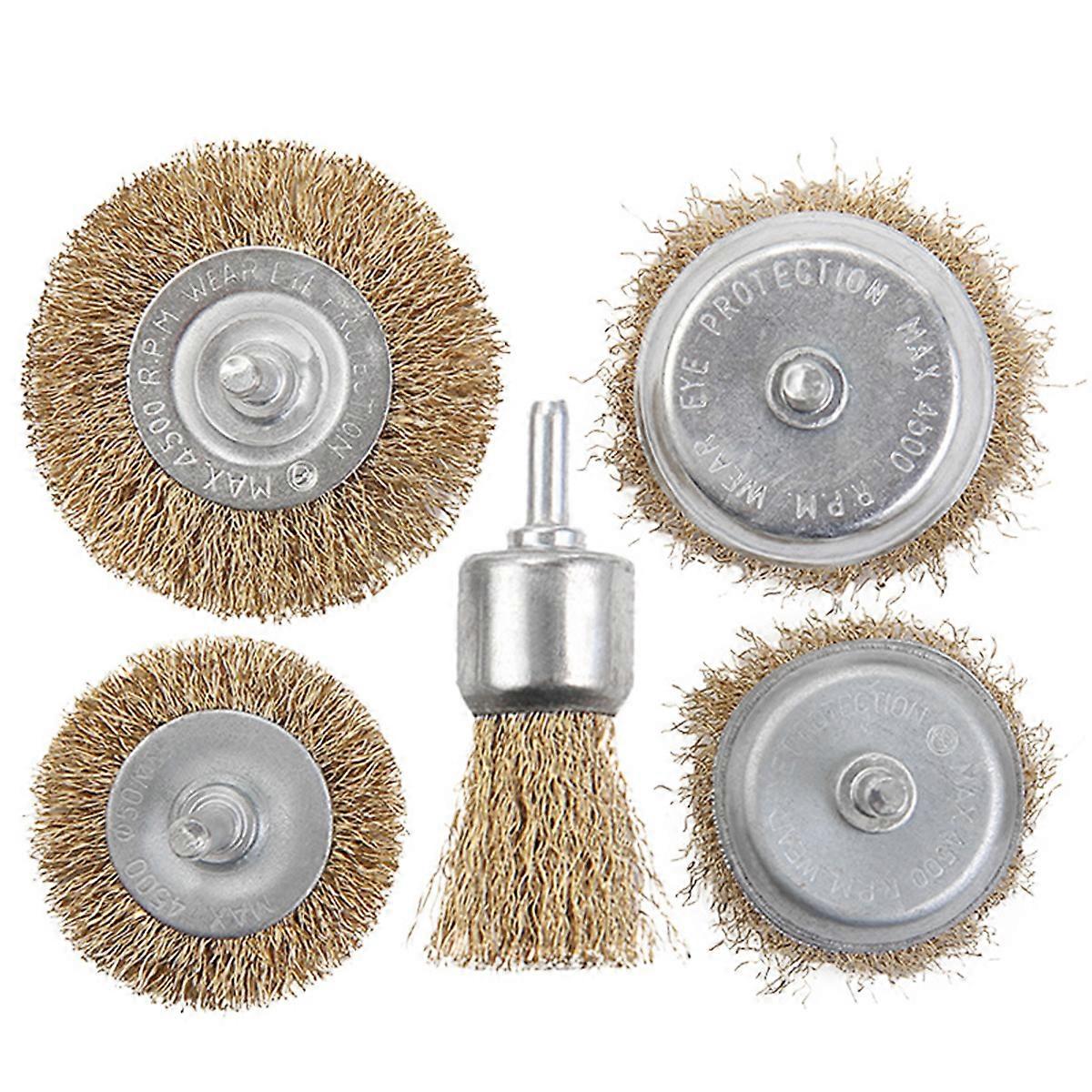 5pcs Wire Brush Drill Attachment Set Brass Coated for Cleaning Rust Hex Shank Fits Impact Driver