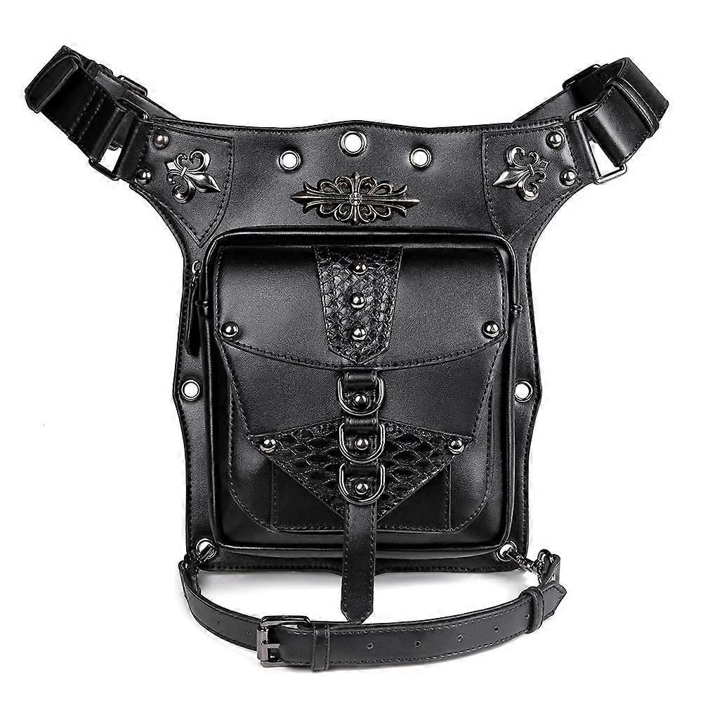 Steampunk Lady Bag Multi-Functional Black PU Leather Motorcycle Shoulder Bag Fanny Pack Size M Gothic Style