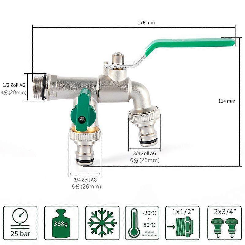 Garden tap, 1/2 double outlet tap, brass, rust and frost resistant, with 2 3/4 outlets, 1 waterproof strap with drum, Double connection and hose conne