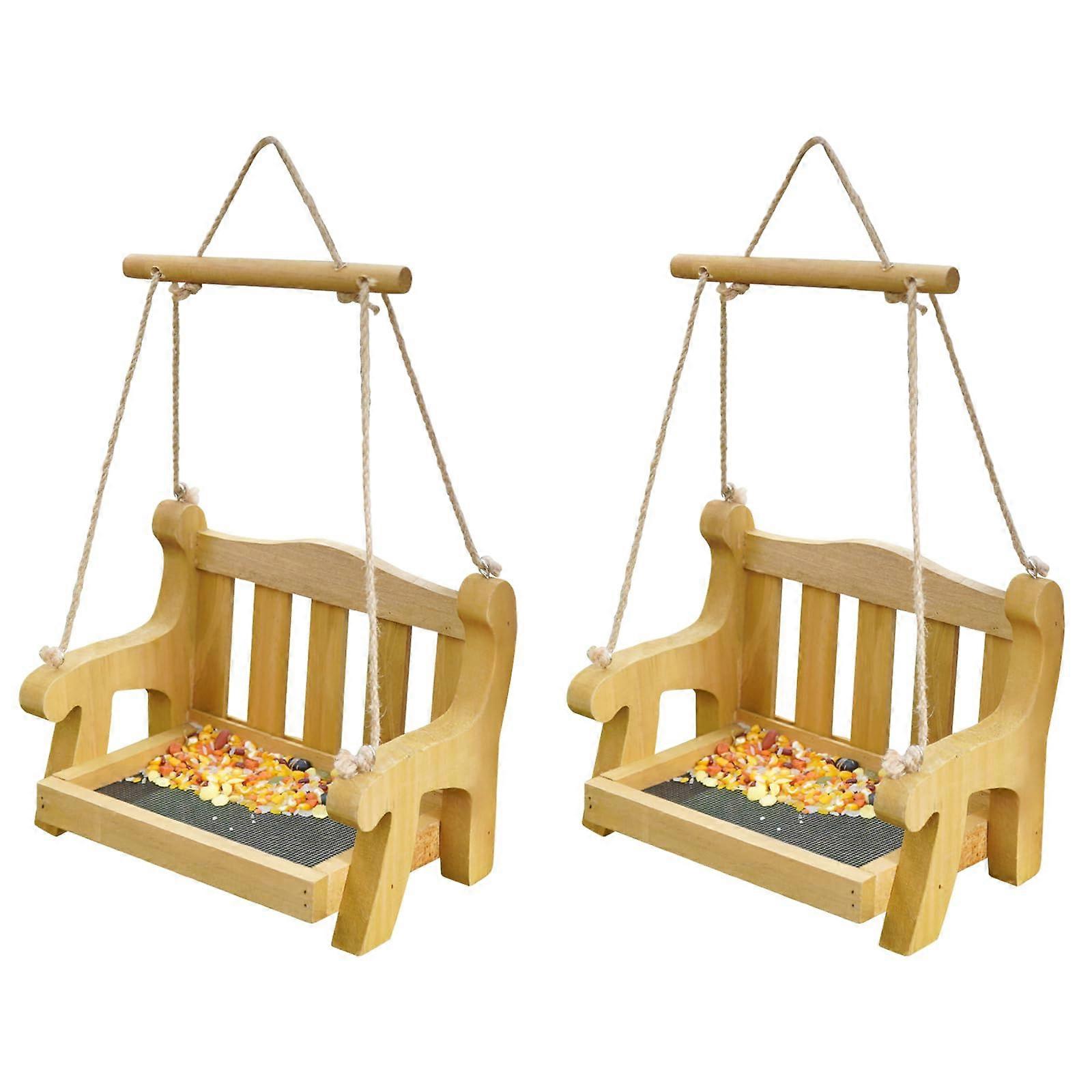 2 -set swing wild bird feeding stand outside, metal network -based, wooden bench -shaped