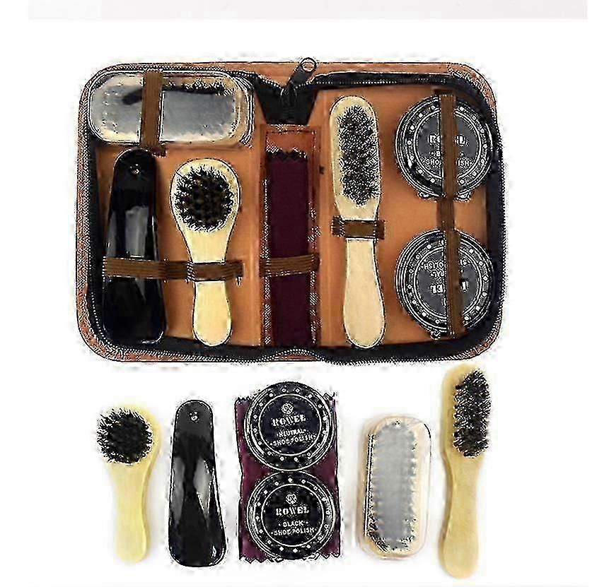 Shoe Shine Kit with Stylish Leather Case, 8-Piece Travel Shoe Shine Kit