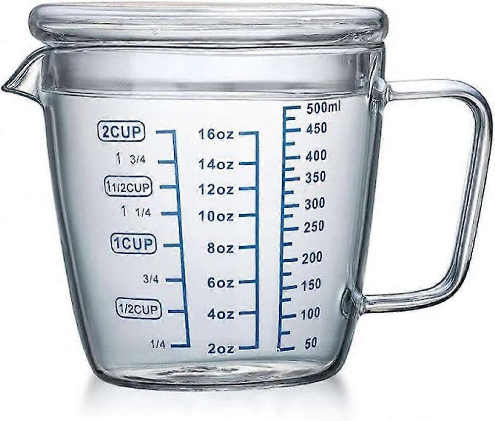 500ml Glass Measuring Cup with Lid Handle, Borosilicate V-Shaped Spout Microwave Safe Kitchen Mixing Accessories 3Measurement Scales Cup, ML,OZ Easy M