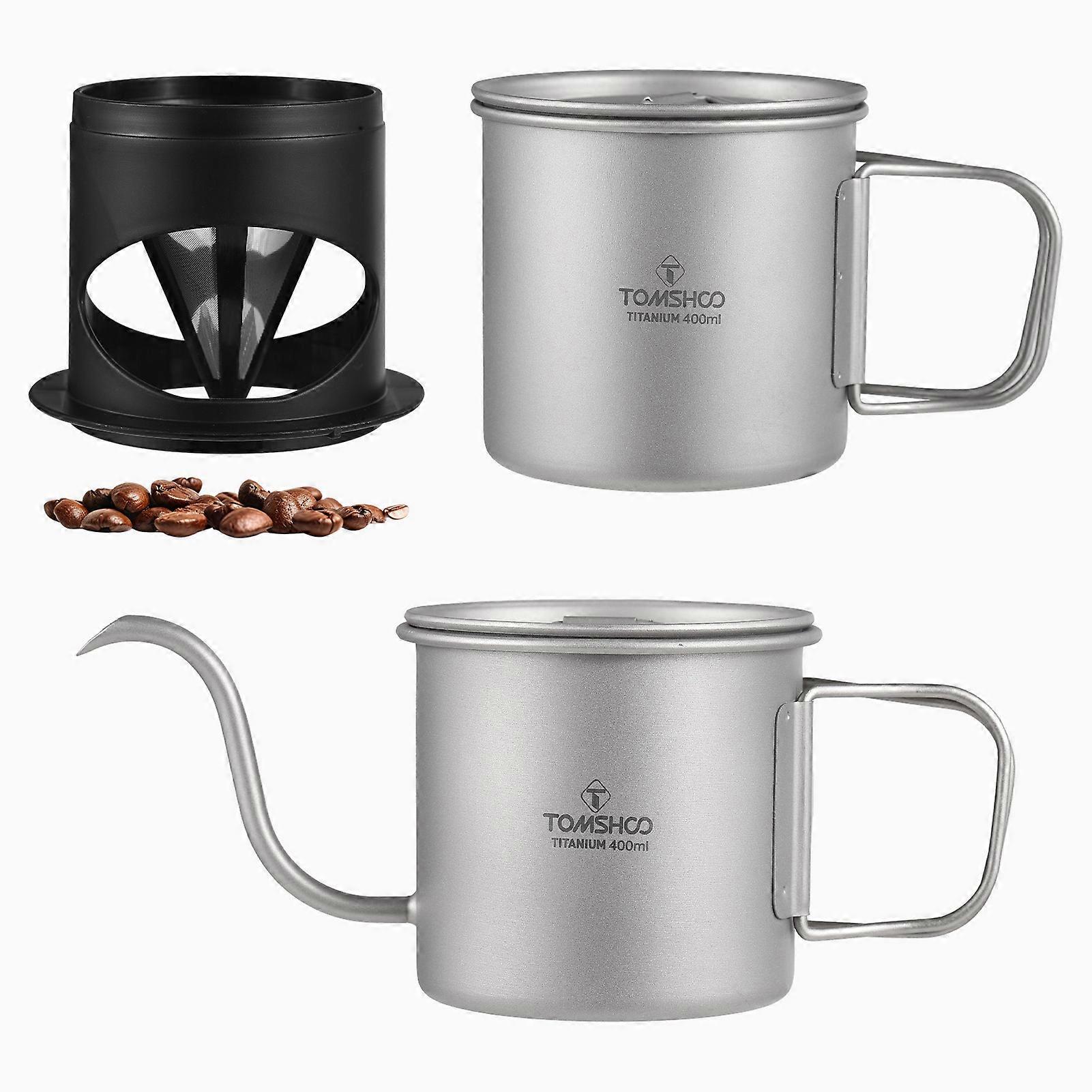 400ML Titanium Pour Over Coffee Kettle Folding Handle Precision Spout Outdoor Camping Coffee Maker with D-Handle Mug and Coffee Filte