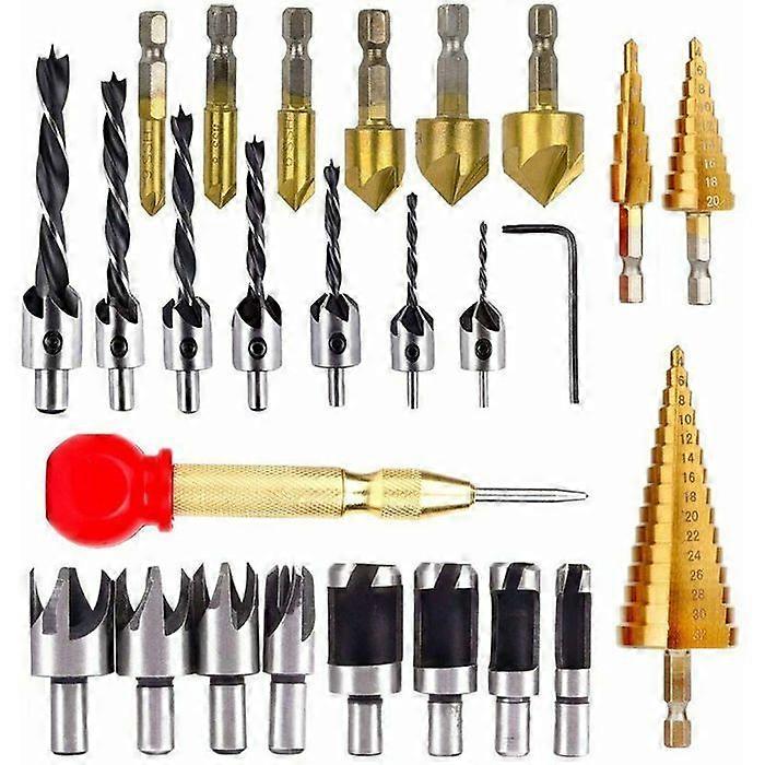 26pcs woodworking drilling tools, including 6 countersink drill bits, 7 tri-point drill bits with L-key, 8 cork drill bits