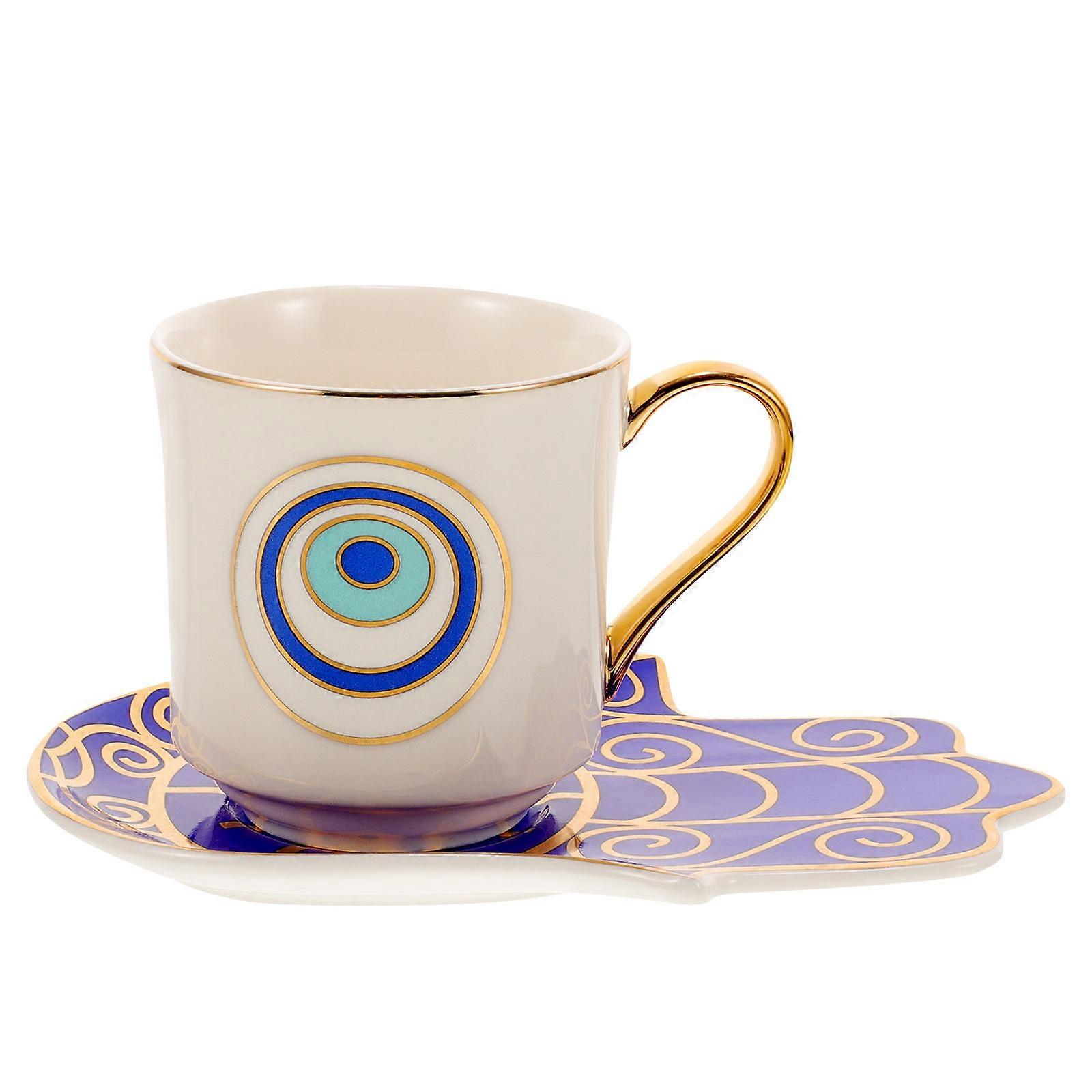 Ceramic Coffee Mug and Saucer Set, Palace Style Porcelain Tea Cup with Scald Handle, Microwave Safe, Decorative Evil Eye Design for Home or Office Use