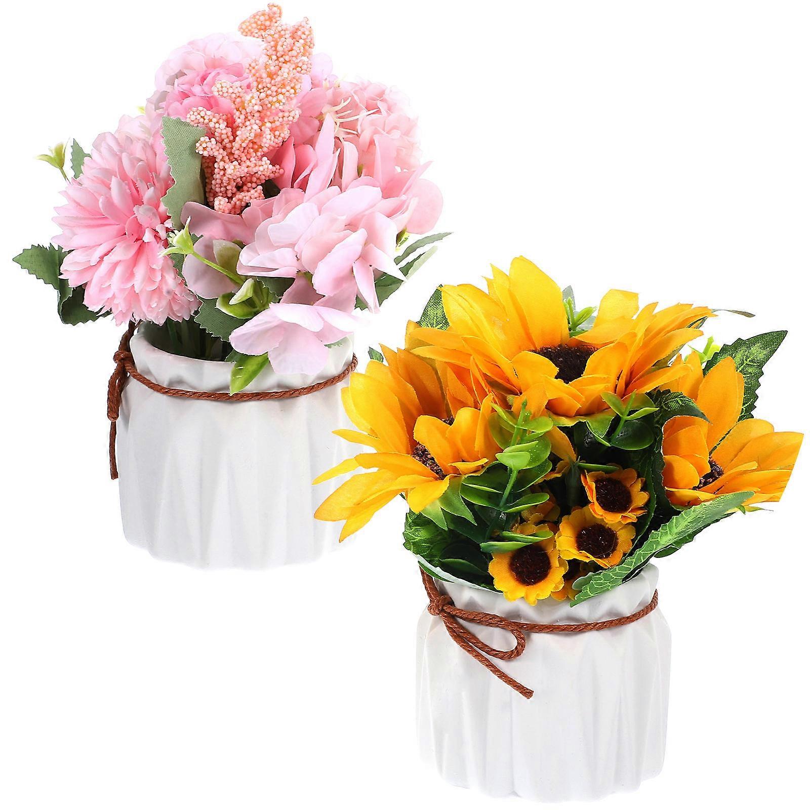 Artificial Flower Arrangement Vase with Pink Hydrangea and Sunflower Desktop Decor Faux Potted Plants for Home Office Restaurant Decoration