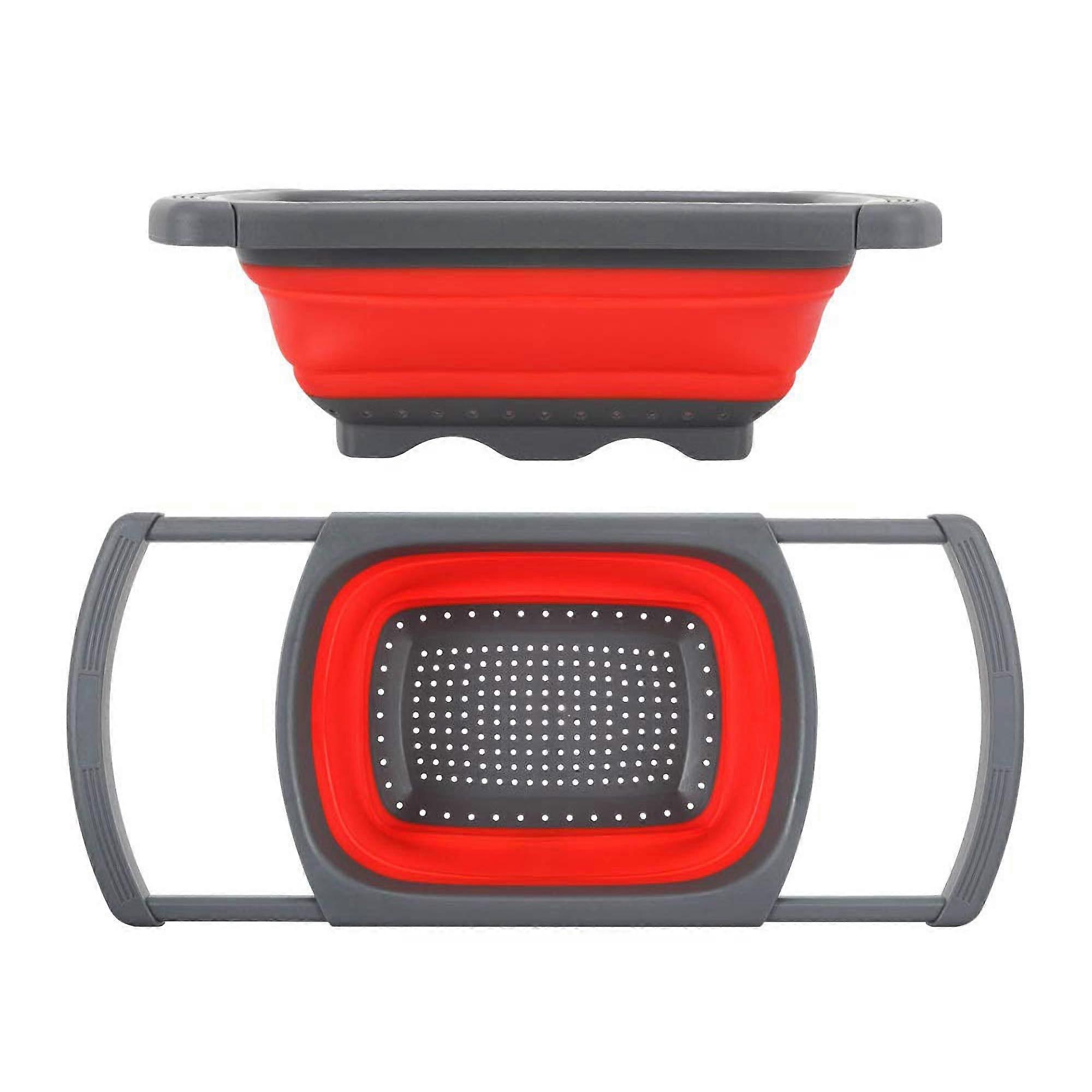 Collapsible Silicone Sink Colander Strainer Basket for Cooking and Drainage, Foldable Hands-Free Over the Sink, Red