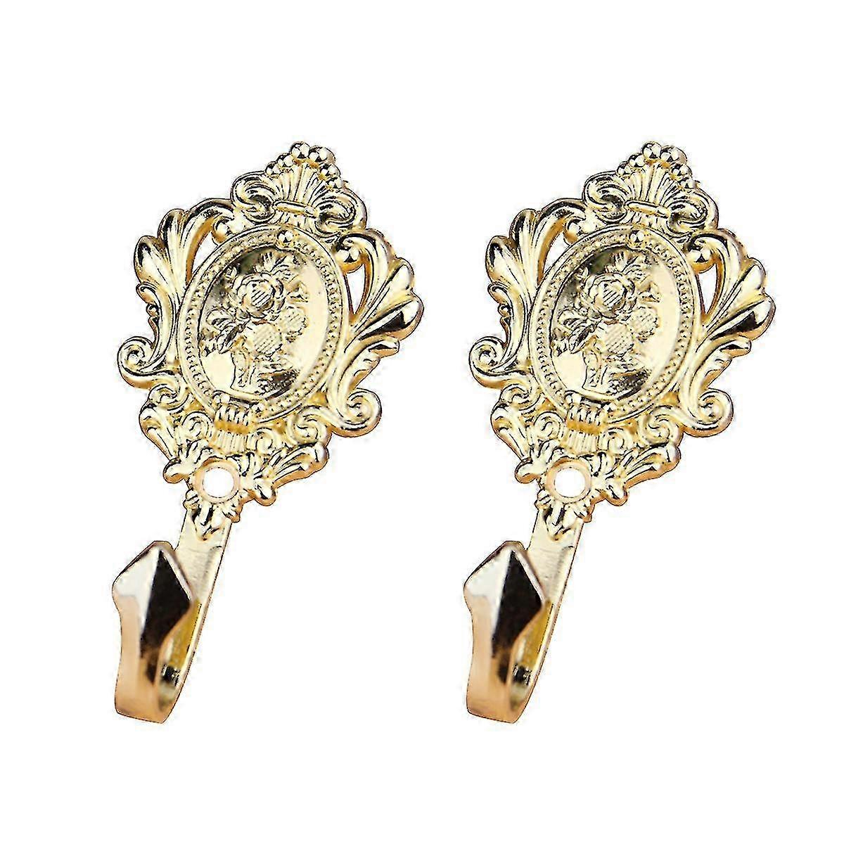 Pair of Zinc Alloy Vintage Drapery Hooks with Rose Pattern Curtain Holdbacks (Gold)