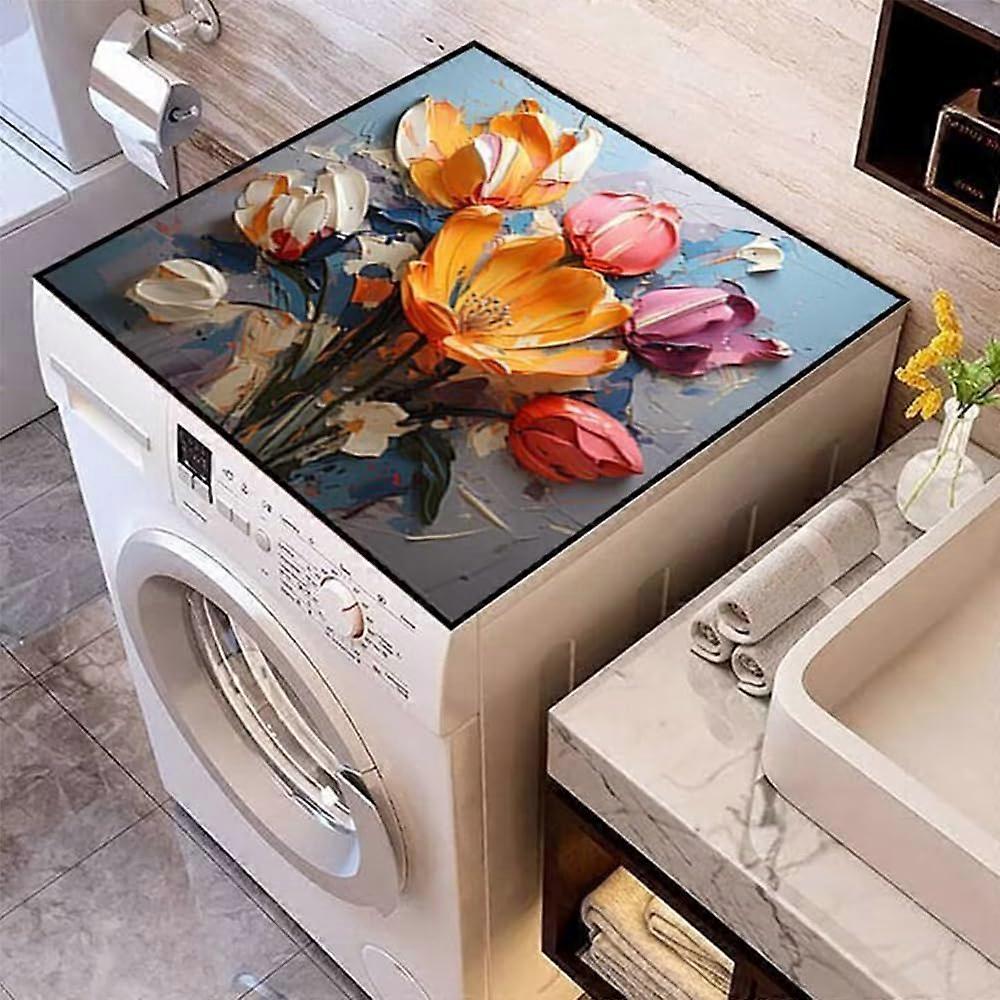 3D Floral Print Washing Machine Mat Non-Slip Dustproof Quick-Drying 50x60cm Colorful Laundry Room Kitchen Bathroom Mat