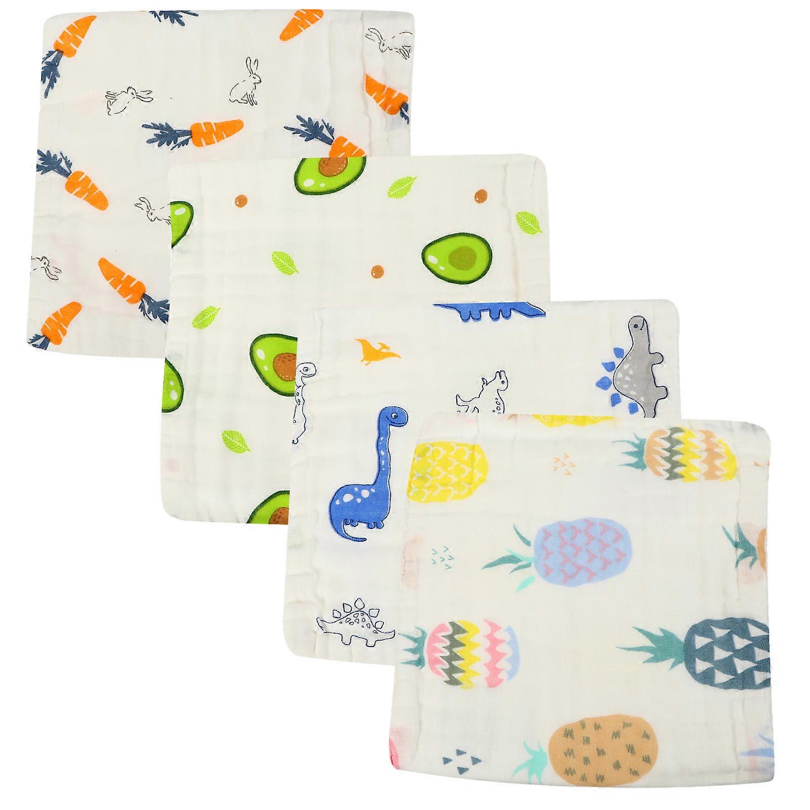 Cartoon Pattern Cotton Face Towels – Soft & Water Absorbent Handkerchiefs for Messy Feedings and Daily Use – 4pcs Set with Rabbit, Pineapple,