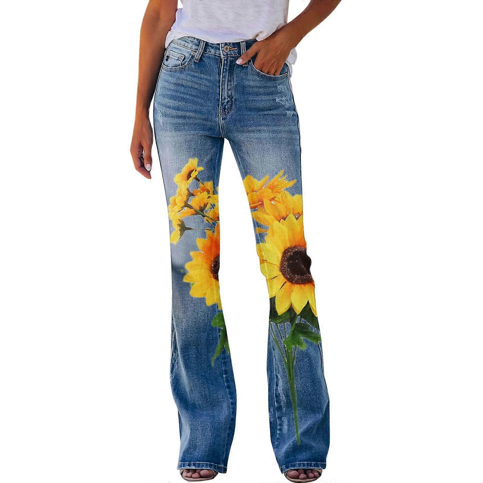 Jeans with Printed Pattern, Loose Flared Hem, Stretch Fabric, Straight Fit, Women's Black and Yellow Size L
