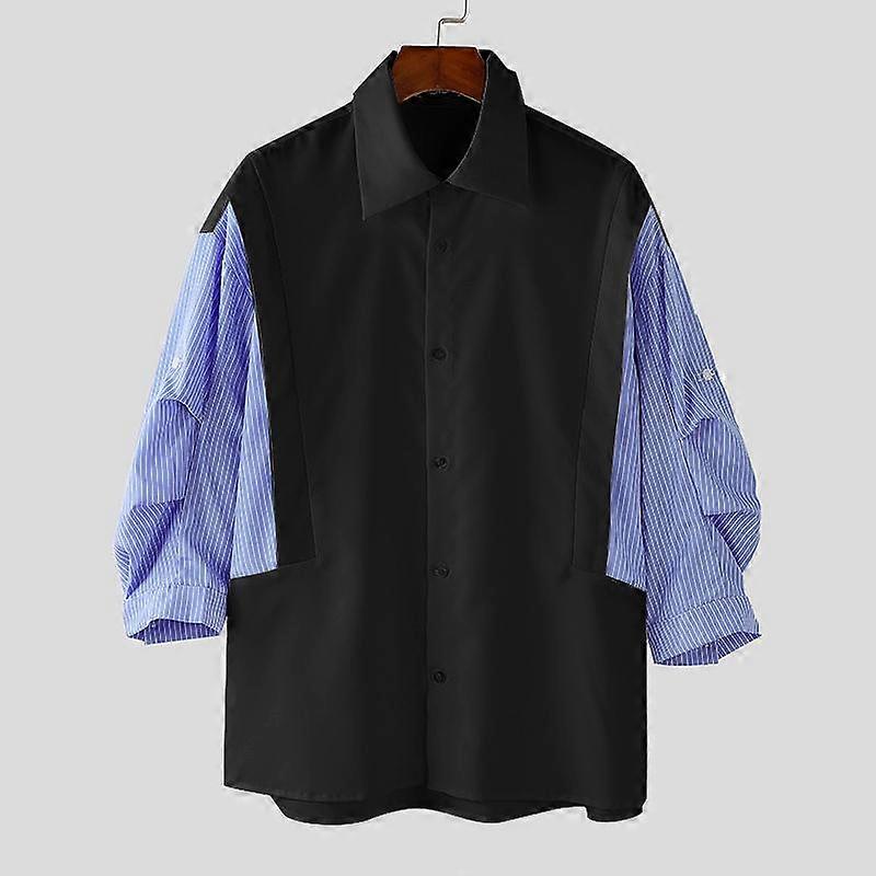 INCERUN Men Ruffled 3/4 Sleeve Striped Patchwork Casual Shirts Tops