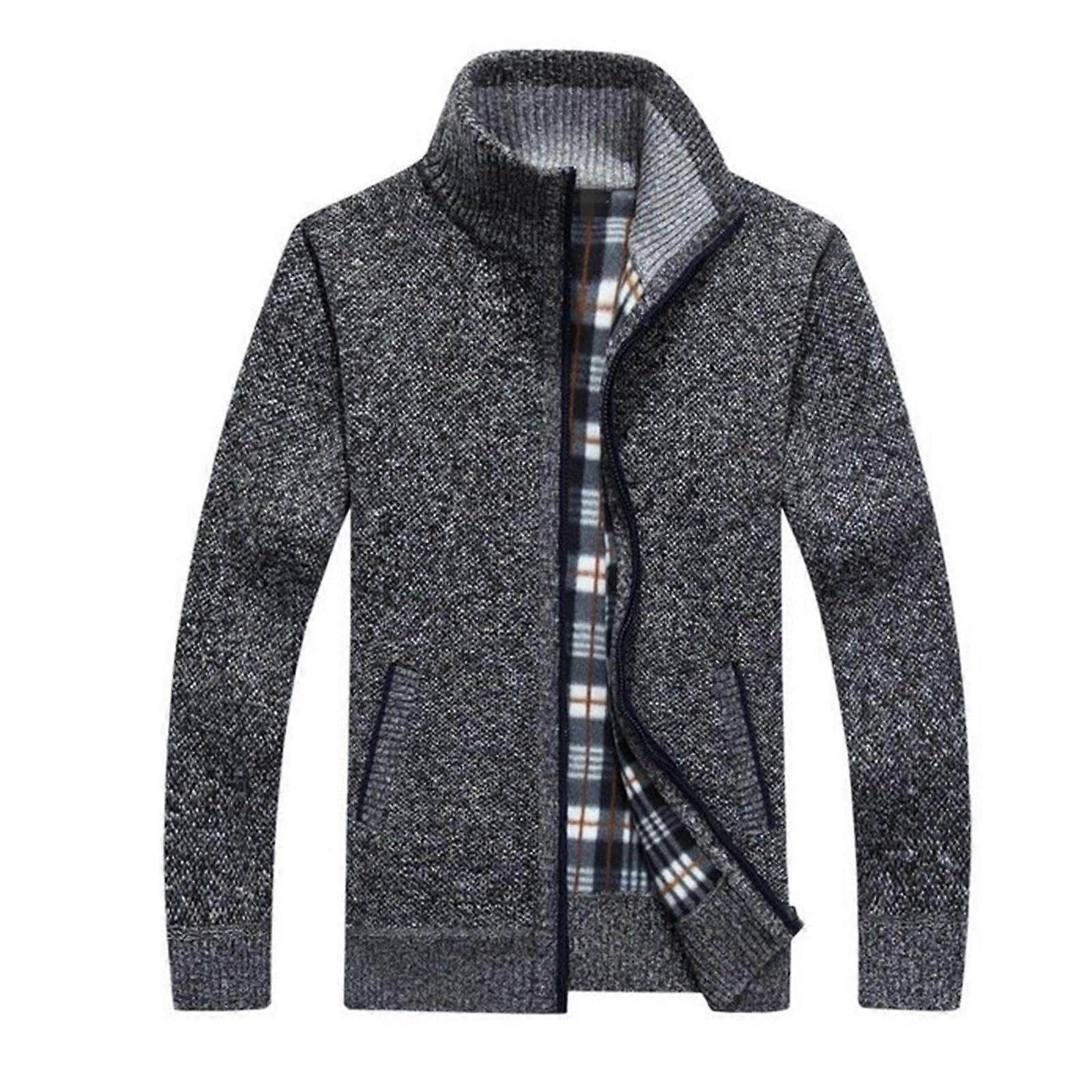 Fleece Jacket Men Dark Grey Regular Fit Zip-Up Cardigan with Stand Collar and Pockets for Fall Winter XXL