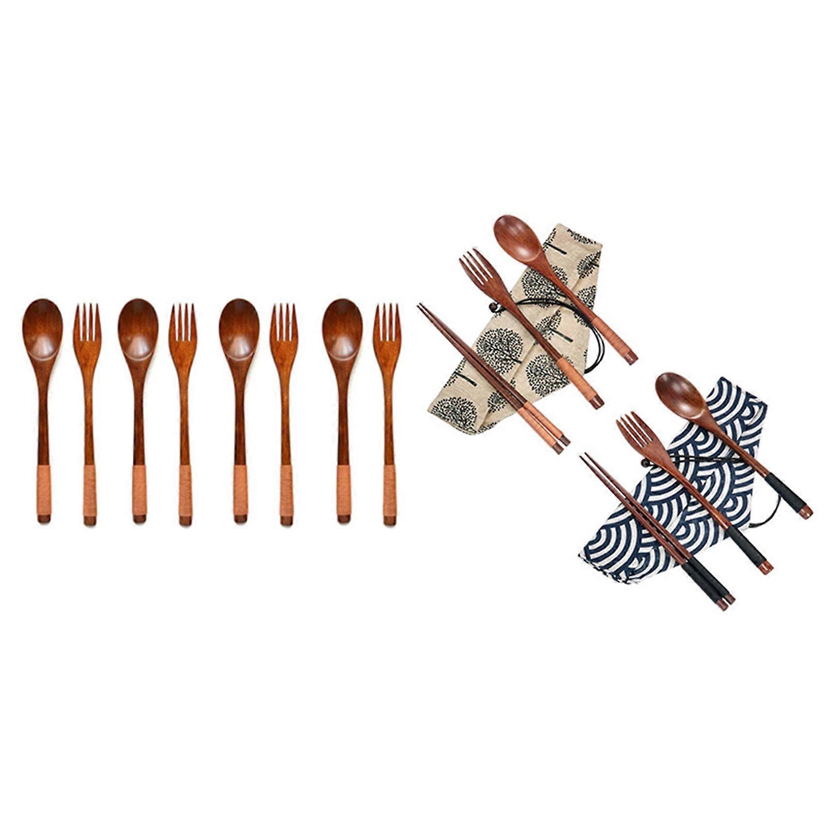 8 Pcs 9 Inchjapanese Spoon Fork Set & 2 Set Wooden Flatware Tableware Cutlery Set, Wooden Fork Spoon