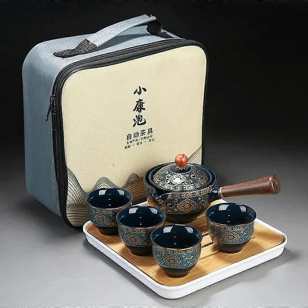 Porcelain Gongfu Tea Set Portable Teapot Set with 360 Rotation Tea Maker and Infuser Portable All in One Gift Bag