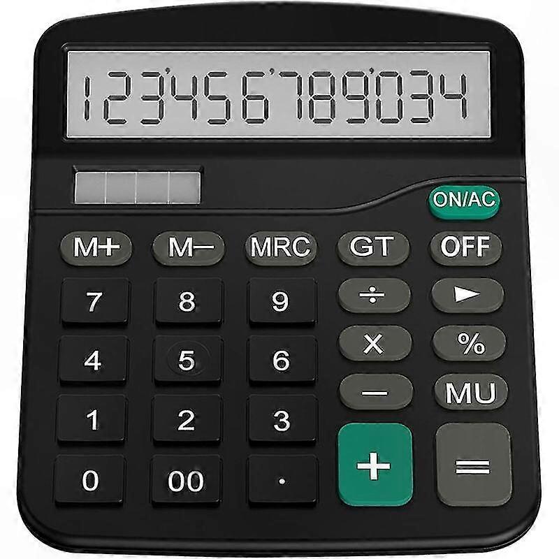 Standard Function Calculator with Large 12-Digit LCD Display, Dual Power Solar and Battery Operated, Black Desktop Calculator