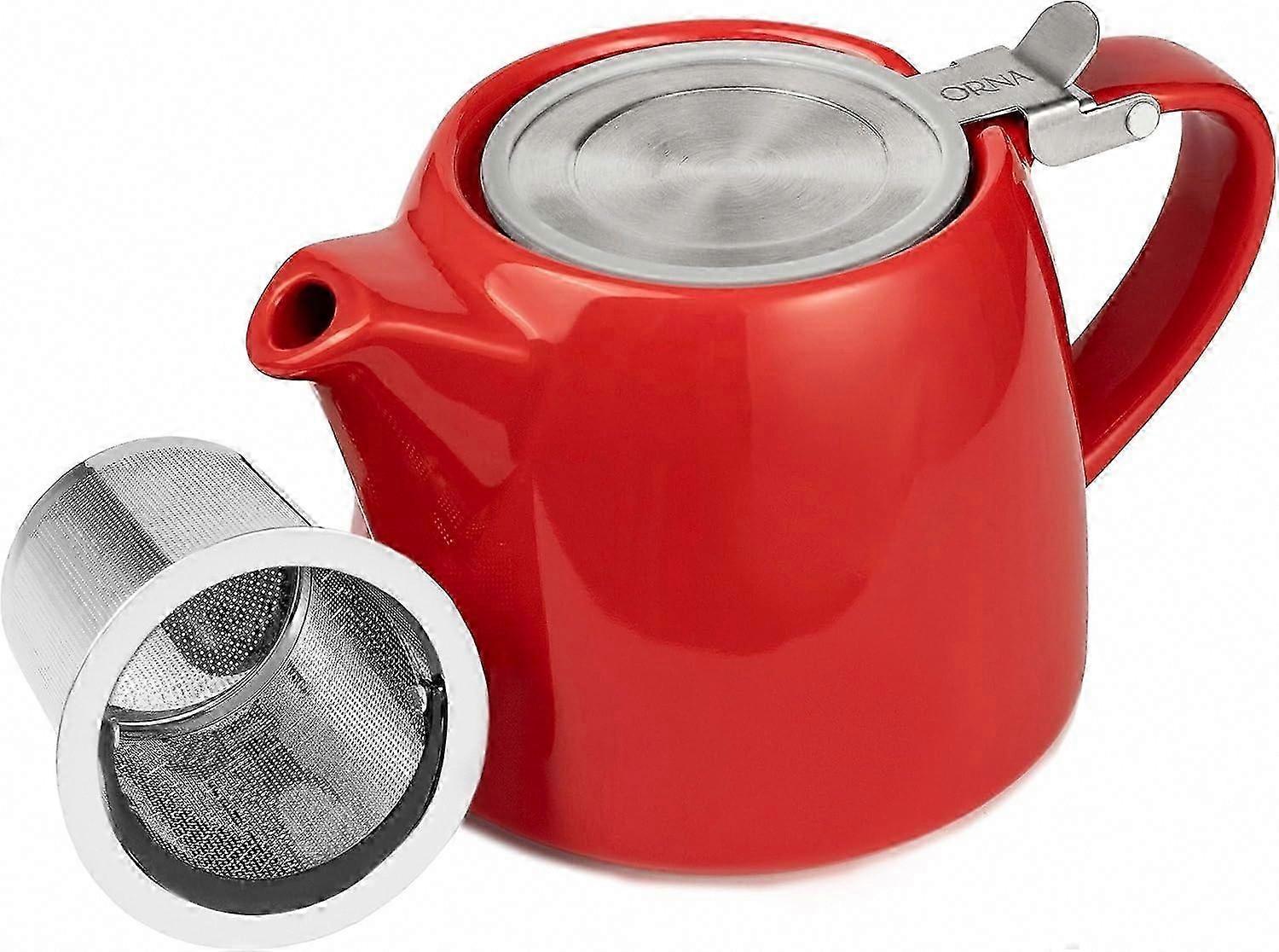 Ceramic Loose Leaf Teapot with Infuser Strainer and Lid for One or Two Person, 550ml / 18.6 Oz, Small Porcelain Tea Pot Brewer, Red