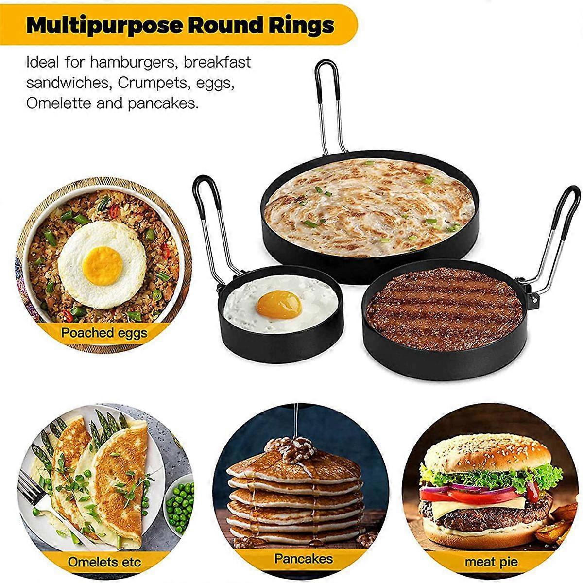 2X Non Stick Egg Rings,4 In&6 In&8 in Pancake Rings,Fried Egg Poacher Cooking Mold with Oil Brush fo