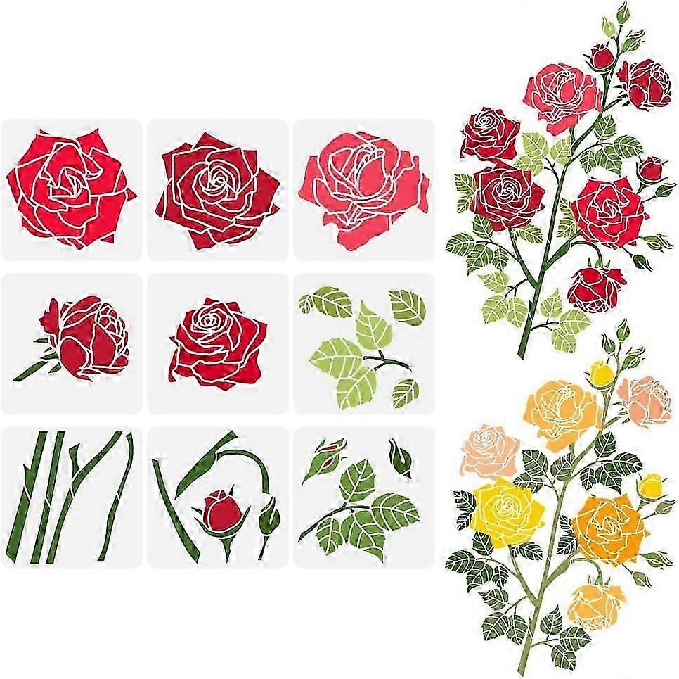 9PCS Large Rose Stencil for Painting 11.8x11.8 inch Rose Flower Stencil for Garden Fence Wildflower Stencil Flower Plant Theme Template for Painting o