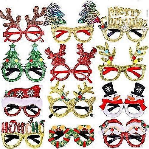 Max Fun 12Pcs Christmas Glasses Glitter Holiday Party Glasses Frames Christmas Decoration Accessories Costume Eyeglasses for Christmas Parties Holiday
