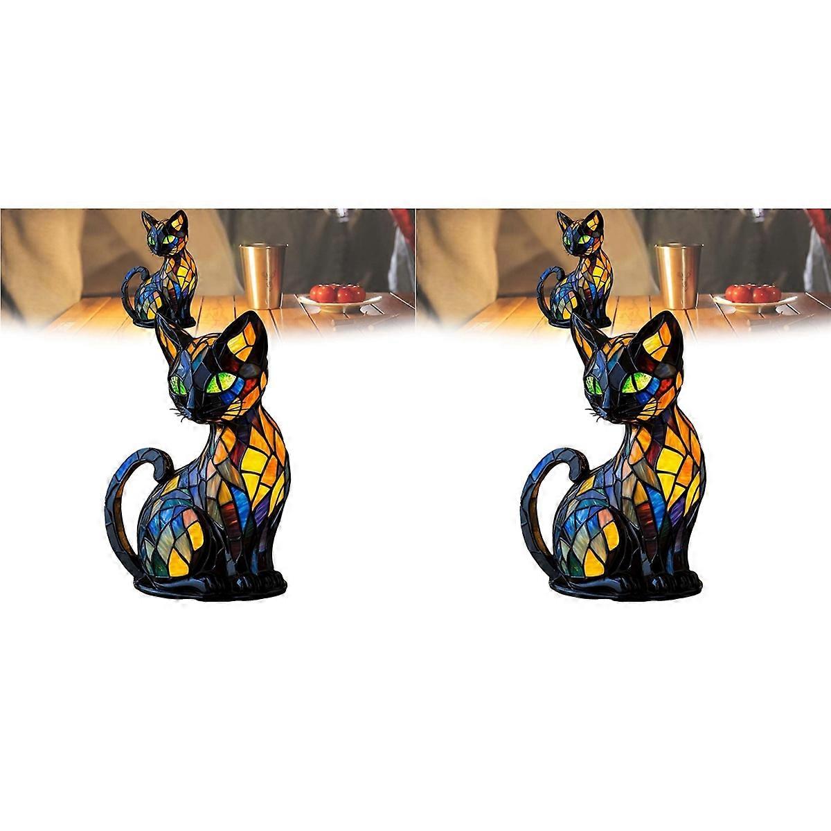 2X CAT for Night Stands Table Lamps, Stained Resin Tabletop Night Light, Cat Lamp Resin Stained Glas