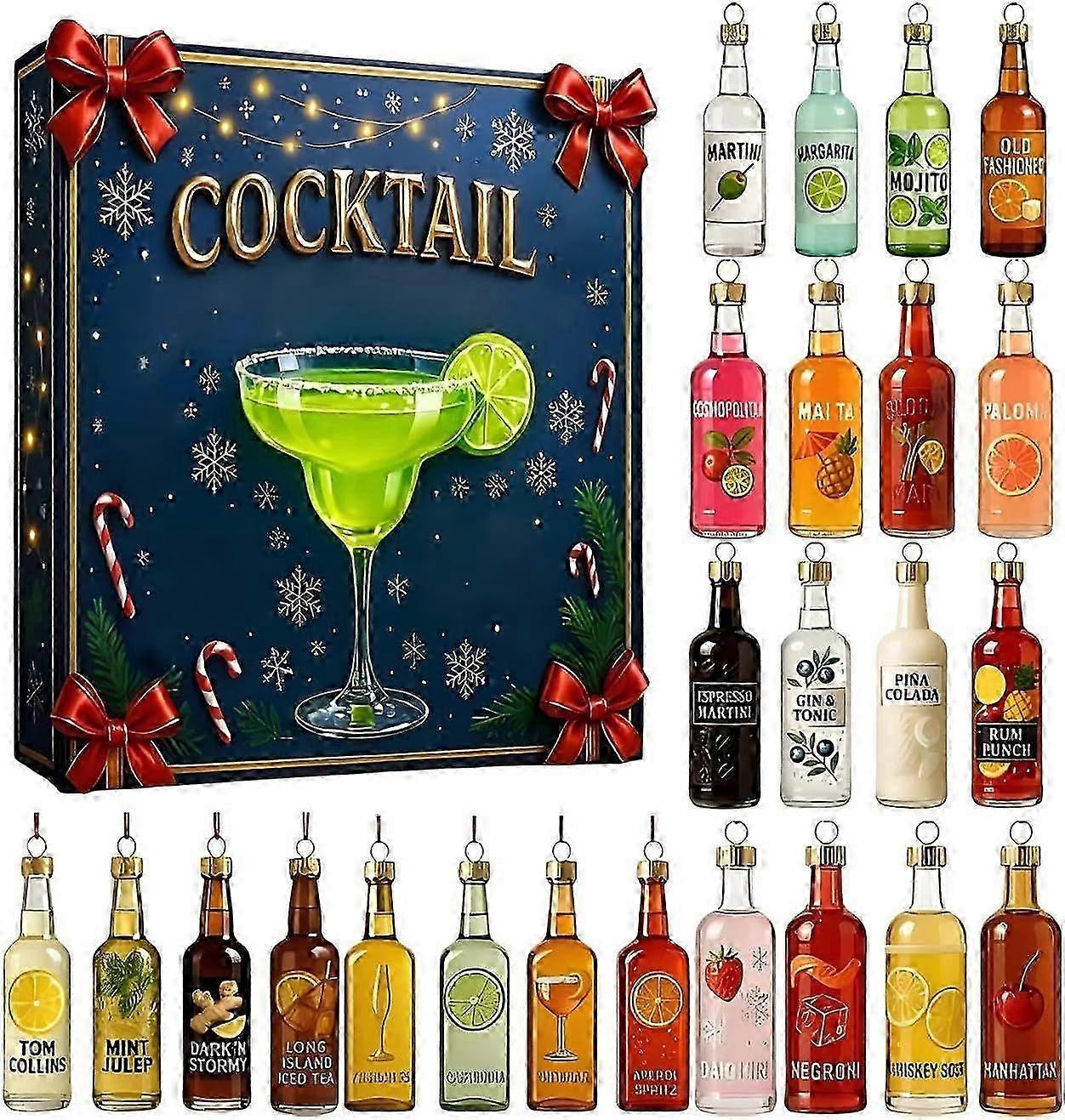 2025 Cocktail Advent Calendar, 24 Days Cocktail Countdown Calendar With 24 Cocktails Christmas 2D Acrylic Ornament, Christmas Tree Ornament, Xmas Part