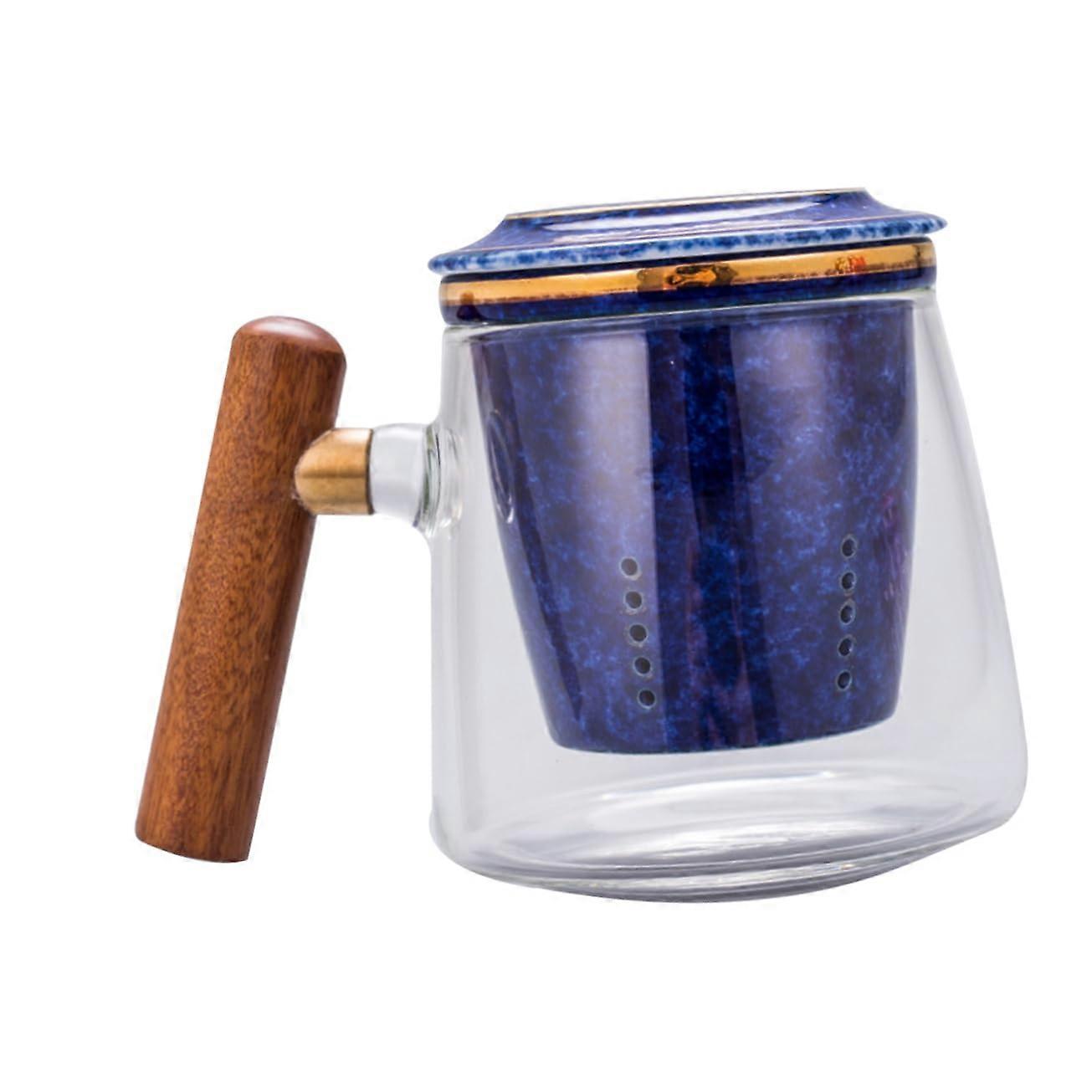 400ml Glass Flower Tea Cup With Lid And Wooden Handle Retro AntiScald Coffee Cup Water Blue 13.5x10.5 cm