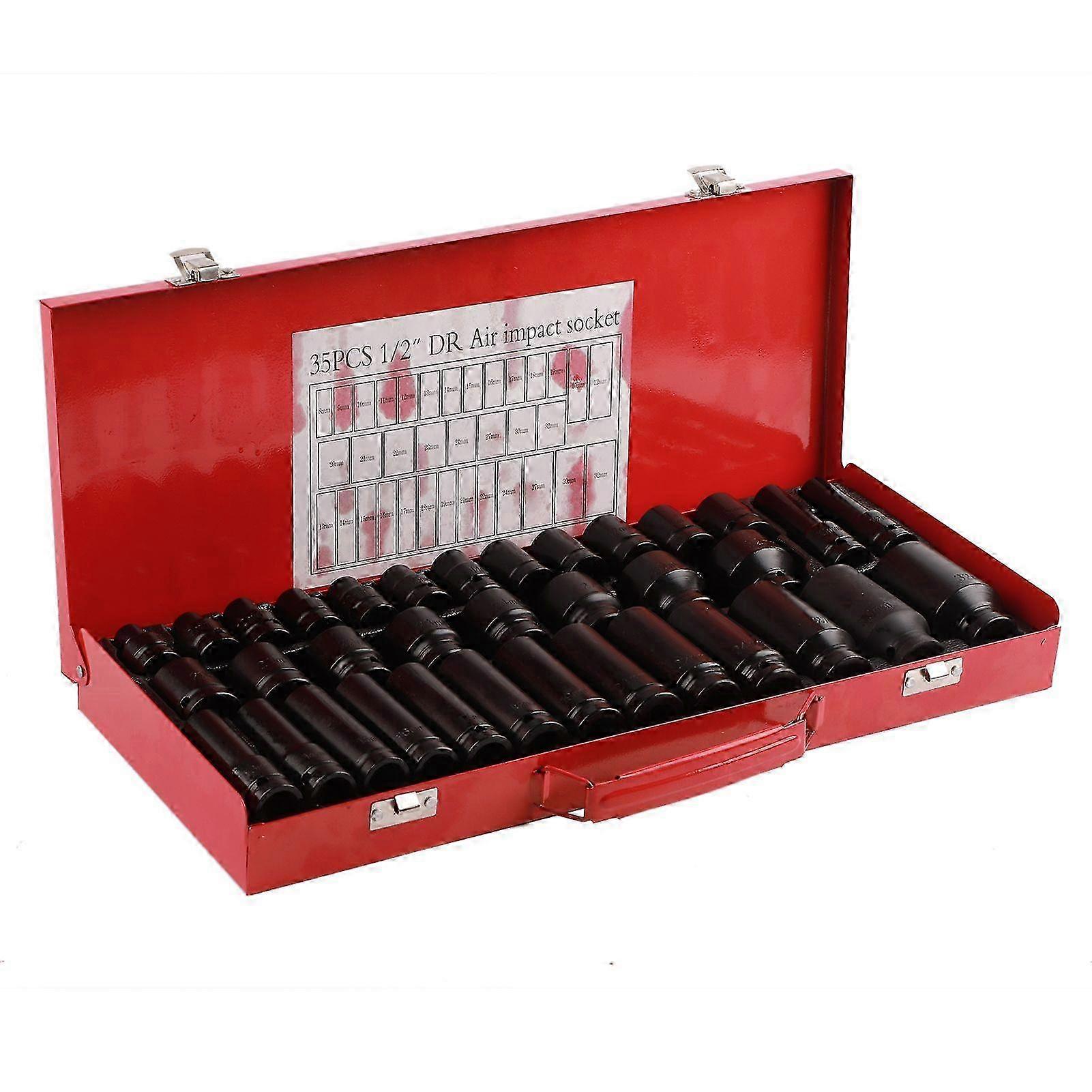 35Pcs Hex Bit Socket Sleeve Sets Metric Deep Impact for 1/2In Drive Ratchet 6 Point Tip Work Tool
