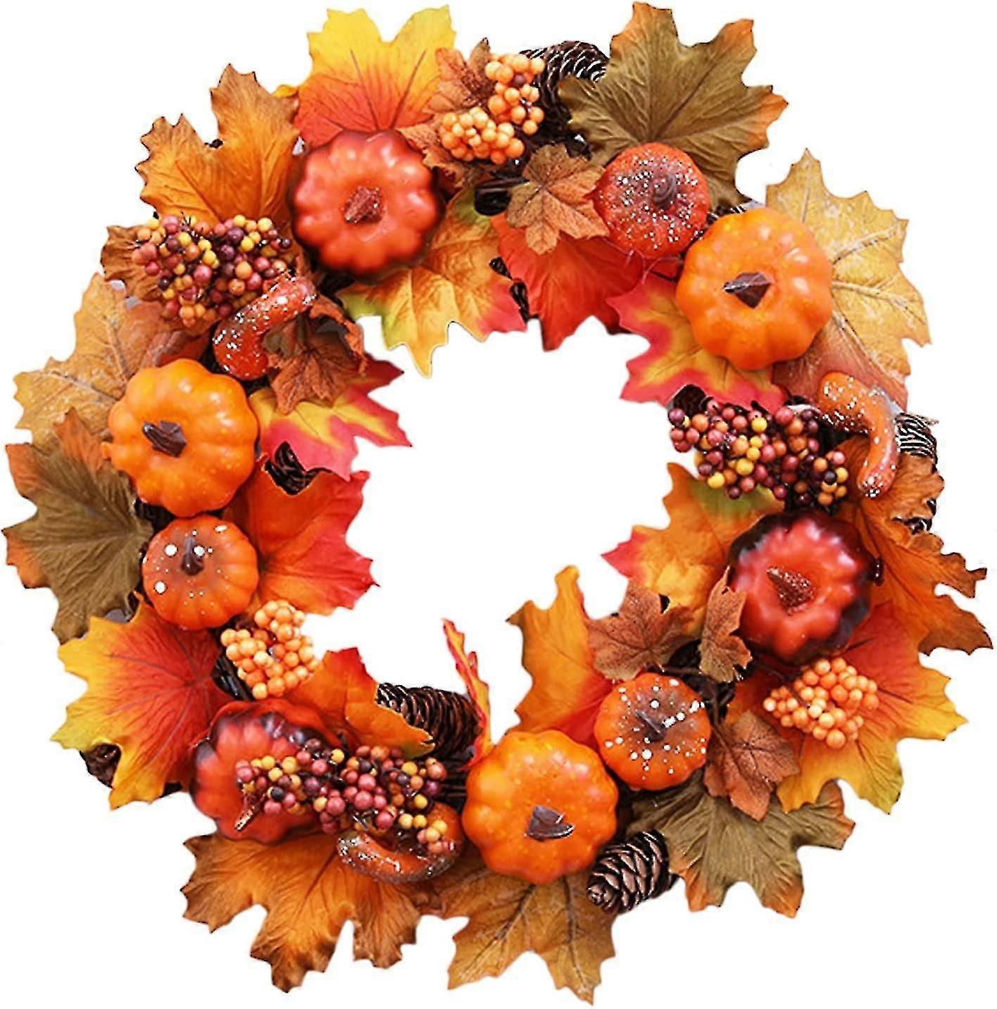 현관용 단풍나무 화환, 할로윈 장식용 가짜 호박 단풍잎 꽃 화환, 현관문, 벽, 창문용 40cm 인공 단풍나무 화환