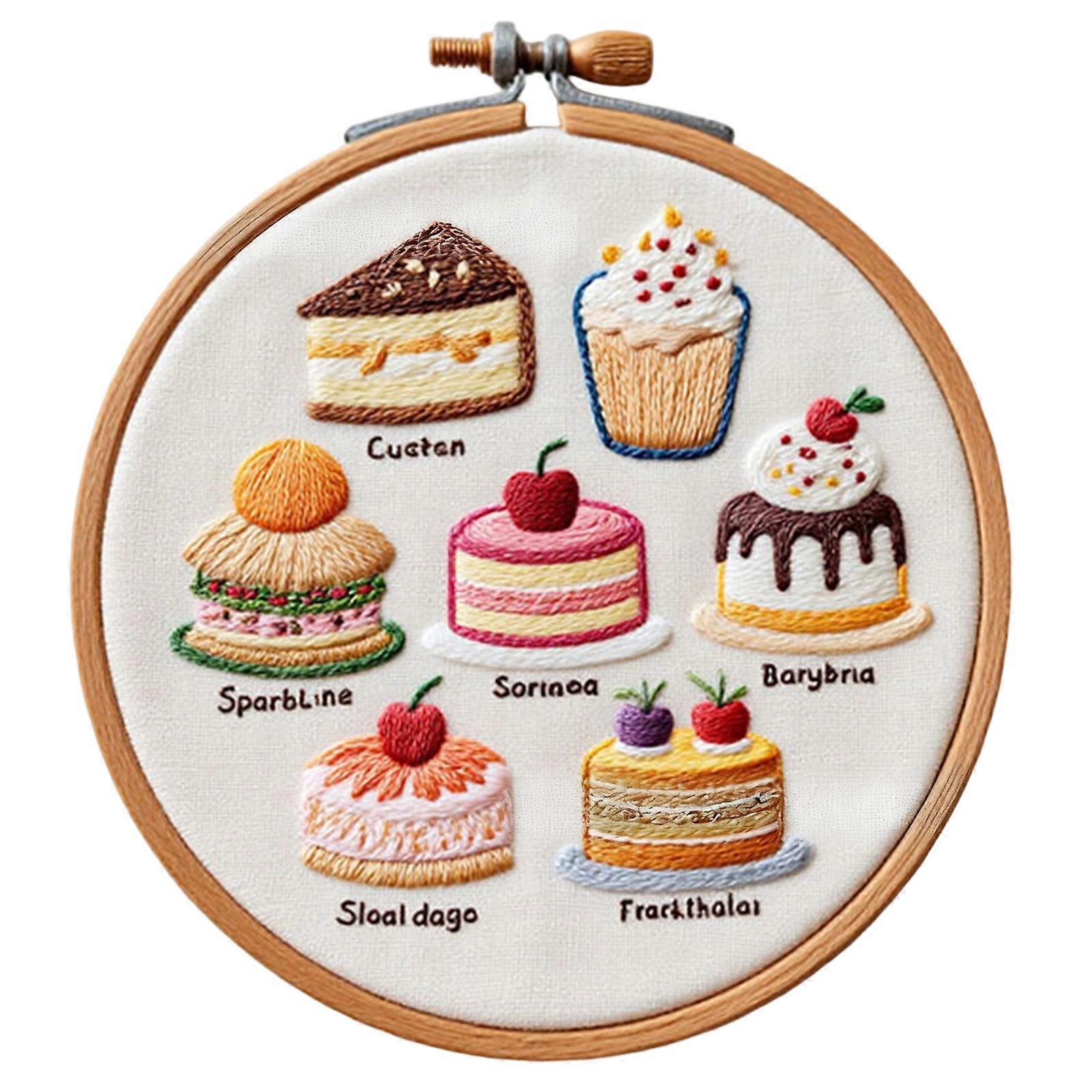 Dessert Theme Embroidery Set with Instruction Stitching Hoop Embroidery Threads and Needle for Beginner Handmade Craft Multicolor