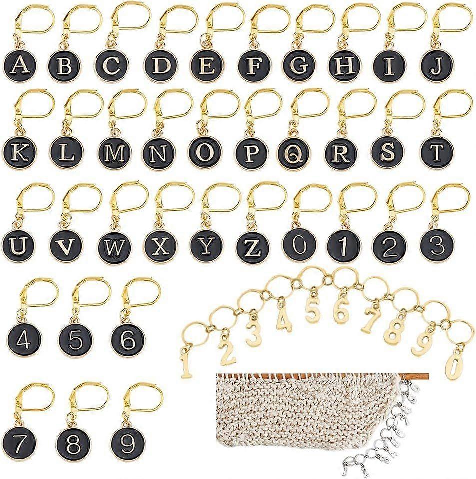 Enamel Crochet Stitch Marker Set Including 36Pcs Numbers and Letters Stitch Markers and 2pcs Number Theme Alloy Knitting Row Counter Chains for Knitti