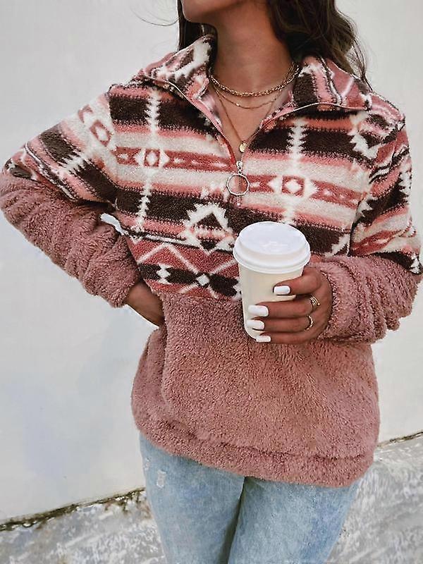 Women's Colorblock Geometric Print Drop Shoulder Zip Up Fuzzy Sweatshirt, Boho Long Sleeve Collared Polar Fleece Pullover for Fall & Winter,