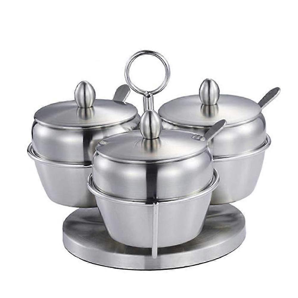 Stainless Steel Spice Jars Set of 3 with Spoons, Rotating Base, Durable 304 Condiment Containers