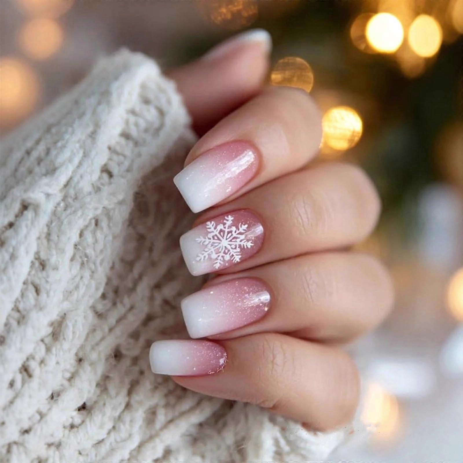 Christmas Press On Nails with Snowflake Pink White Gradient Medium Square Fake Nails Set 24Pcs