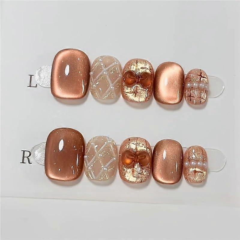 Handmade Press On Nails Set Brown Diamond Pattern Full Coverage Acrylic Nail Tips Reusable 10pcs