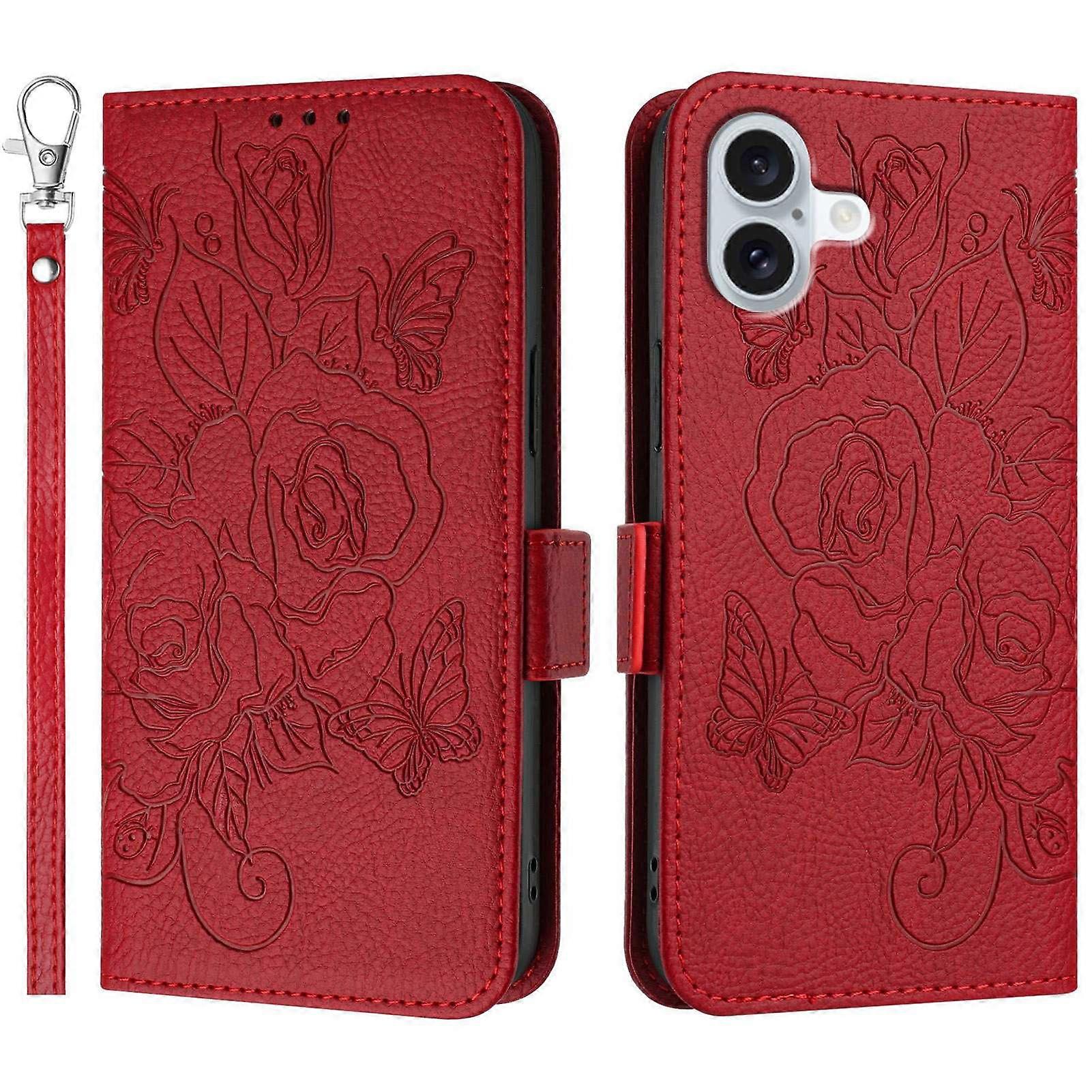 For iPhone 16 Case Rose Imprinted RFID Blocking Leather Phone Cover with Strap