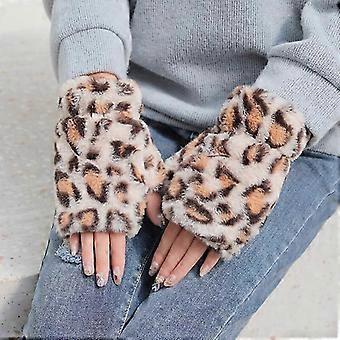 Kvinnors vintervarma plyschfingerlösa handskar leopardmönster halvfingervantar
