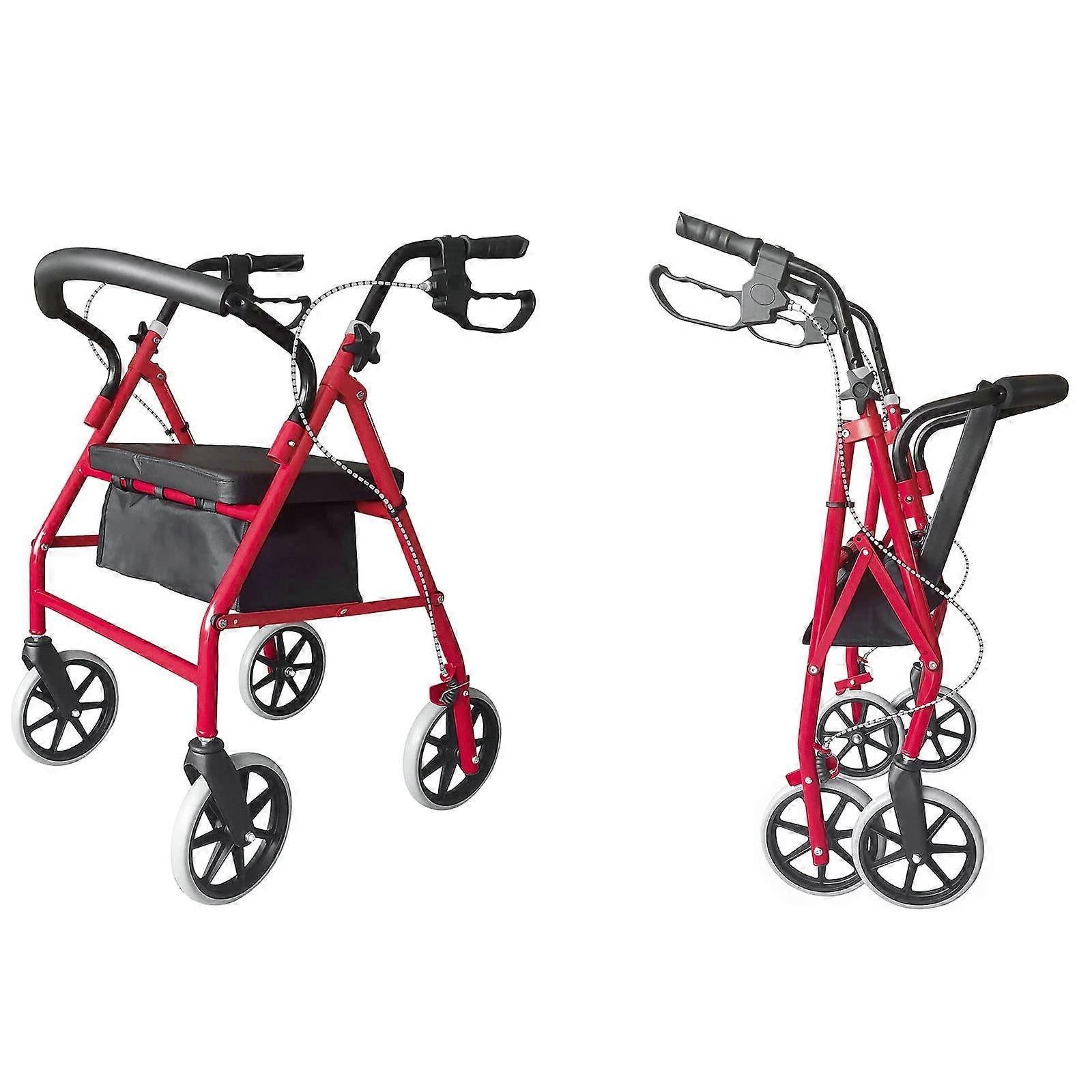 Rolling Walker with Seat and Brakes, Height Adjustable, Foldable, Storage Pouch, Red Black