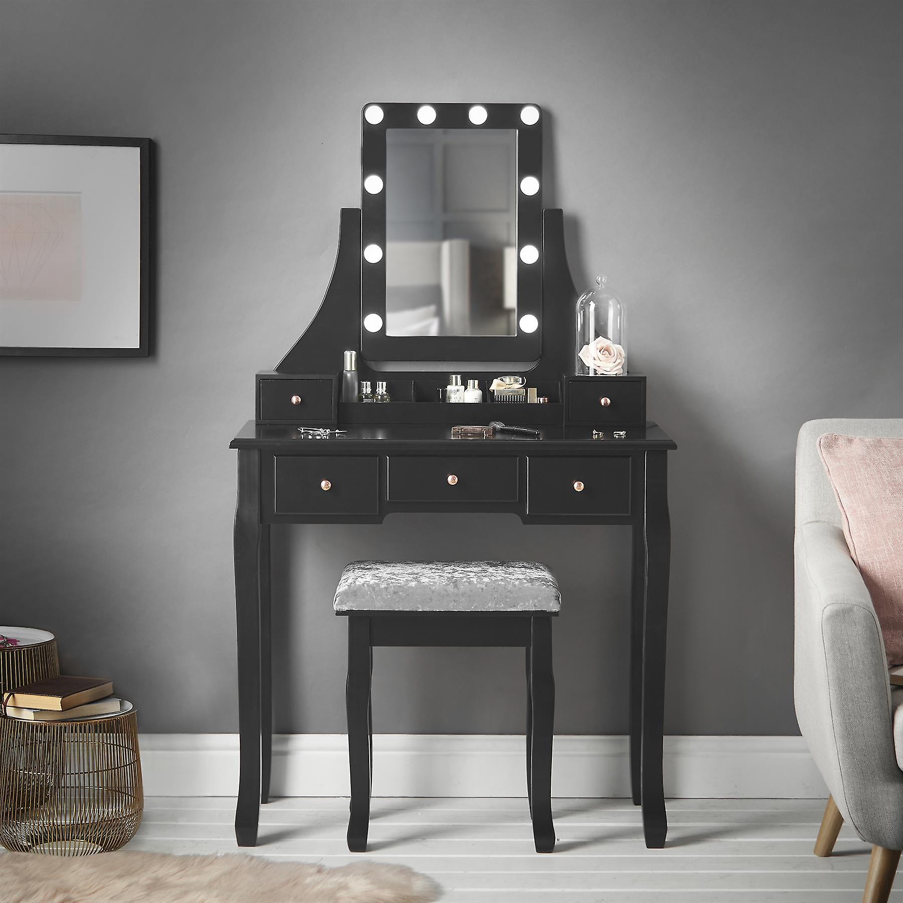 Arianna Deluxe Hollywood Mirror Dressing Table Stool Set Black