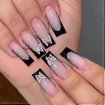 French Tip Press On Nails Black Medium Square Fake Nails with Glitter Butterfly Design Acrylic Set for Women