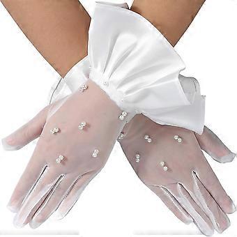 1 Pair White Short Lace Wedding Gloves Satin Floral Ruffle Trimming With Resin Imitation Pearl Elegant Vintage Sheer Embroidered Fabric Glove