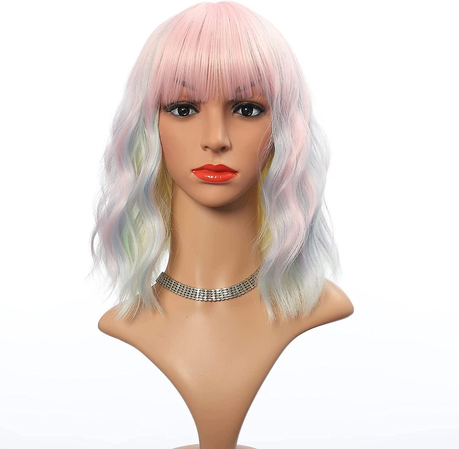 Rainbow Wig Short With Bangs Shoulder Length Bob (12'' Multi-Color )
